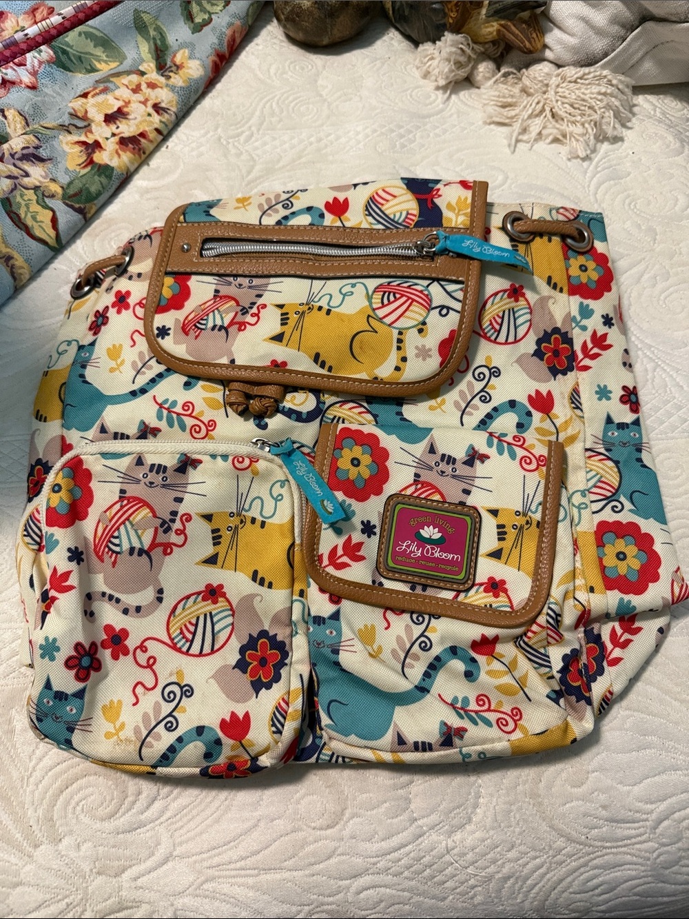 Lily Bloom Cream Canvas Backpack with Yellow, Teal & Red Accents